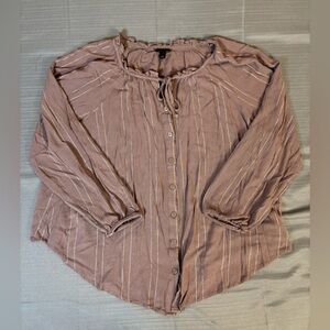 Torrid Boho Peasant Blouse Size 2 2X Mauve Striped Button Front Tie Neck